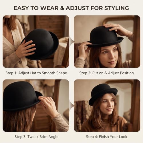 Rolled Brim Bowler Hat Soft Cotton Felt Round Hat Black