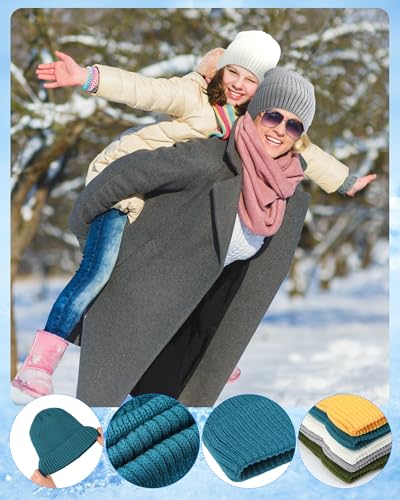 Suhine 6 Pcs Fleece Lined Beanie Hats Bulk Men Women Warm Knitted Cuffed Beanie Thick Knit Skull Cap for Cold Weather - color: Warm Color