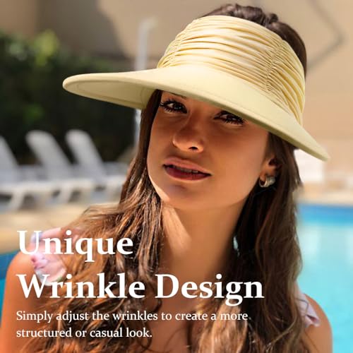 Women Visor Sun Hat Adjustable Foldable Wide Brim Sun Hats Summer UPF 50+ UV Protection Visor Cap for Outdoor Beach - color: Yellow a