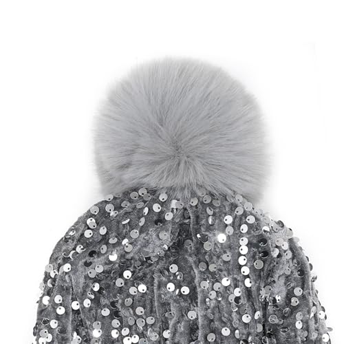 Women Sparkly Sequins Knitted Beanie Hat Warm Winter Skull Cap with Faux Fur Pom Pom - color: X Grey With Knit Cuffs