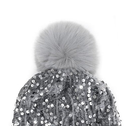 Women Sparkly Sequins Knitted Beanie Hat Warm Winter Skull Cap with Faux Fur Pom Pom - color: X Grey With Knit Cuffs