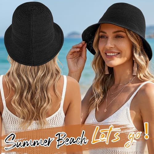 Babalet Summer Straw Beach Sun Hats for Women Packable Floppy Bucket Hat - color: Black