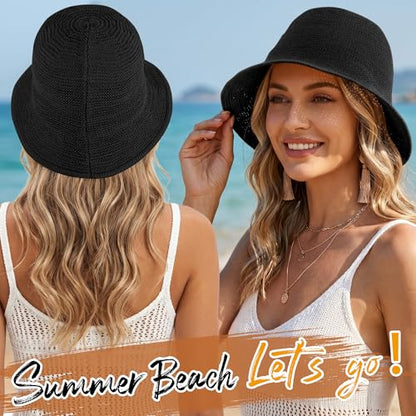 Babalet Summer Straw Beach Sun Hats for Women Packable Floppy Bucket Hat - color: Black