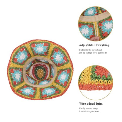Womens Multicolor Floral Crochet Straw Sun Hat Wide Brim Summer Beach Hat - color: Yellow