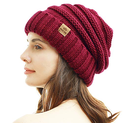 Womens Winter Beanie Warm Knit Hat Cable Stretch Trendy Ribbed Chunky Cap - color: Wine Red