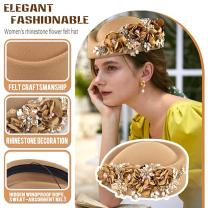 Women's Retro Stewardess Felt Hat, British Berets, Rhinestone Flower Decor, Ladies' Church Derby Hat - color: Khaki