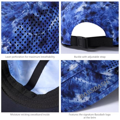 BASSDASH UPF 50+ Fishing Hat, Baseball Cap with Removable Neck Flap - color: Blue Camo With Foldable Brim
