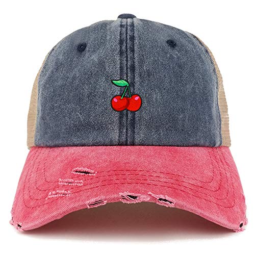 Trendy Apparel Shop Cherry Patch Pigment Dyed Mesh Back Frayed Bill Trucker Cap - color: Navy Red