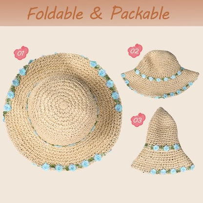 Girls Straw Hat with Flower Round Sunglasses, Summer Foldable Large Brim Sunflower Bowknot Beach Toddler Straw Sun Hat, 2-6T - color: Beige-blue Flower