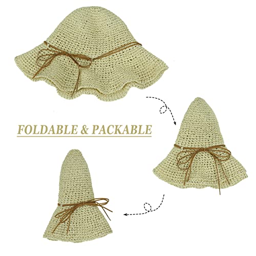 Women Sun Hat Wide Brim Floppy Beach Hat Breathable UV UPF 50+ Straw Hat Foldable Packable Summer Outdoor Cap - color: Beige