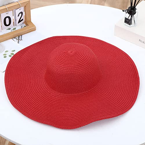 Big Beach Hats for Women Foldable Summer Wide Brim Packable Oversized Sun Hat Lady Girl Travel Straw Cap - color: Red