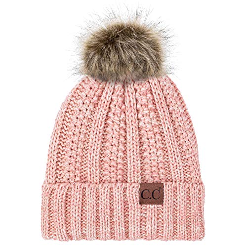 C.C Exclusives Fuzzy Lined Knit Fur Pom Beanie Hat (YJ-820) - color: #2 Rose Mix