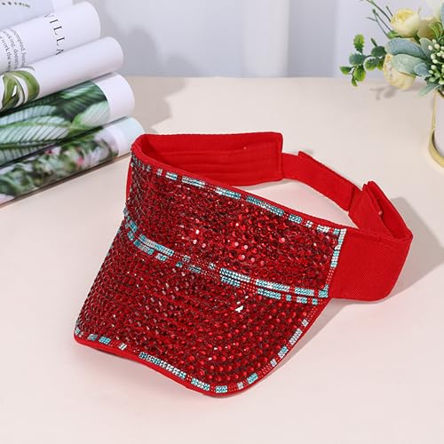 Bling Visor Shiny Rhinestones Sport Sun Adjustable Summer Cap Visor Caps for Women Men - color: B-red