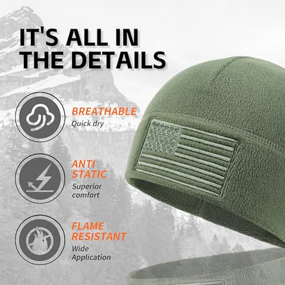 OUTDOOR SHAPING American Flag Fleece Beanie with Embroidered Patch Hat - color: Forest Green