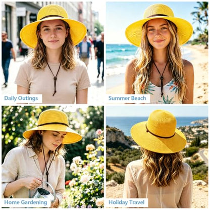 DRESHOW Womens Summer Straw Sun Hat Wide Brim Bucket Hats Fedora Hat Panama Beach Hat with Chin Strap UPF 50+ - color: Straw Hat With Wind Lanyard: Yellow