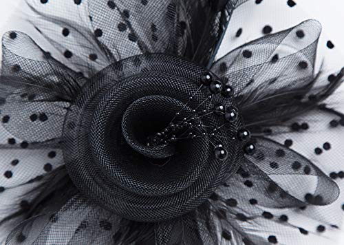Fascinators Hat for Women Tea Party Headband Kentucky Derby Wedding Flower Cocktail Mesh Feathers Hair Clip - color: 1-a-black