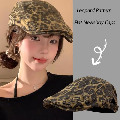 Retro Leopard Beret Cap 20s-Gatsby Fashion Cows Newsboy Caps Cotton Blend Ivy Flat Cabbie Hat Medium - color: Dk Brown Leopard