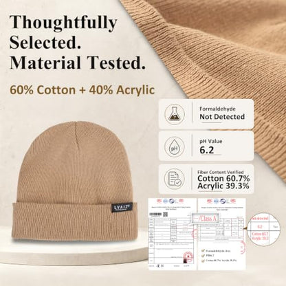 Satin Lined Winter Beanie Hats for Women Men Cotton Knitted Cuffed Knit Hat - color: Khaki
