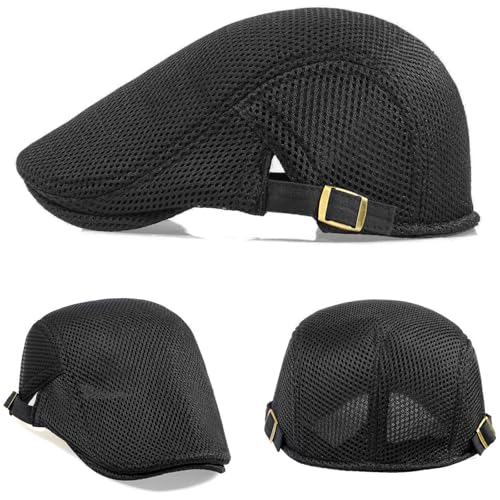 2 Pack Men's Mesh Cap Breathable Summer Newsboy Hat Adjustable Beret Ivy Cap Irish Cabbie Driving Hunting Hats - color: Black/Pink