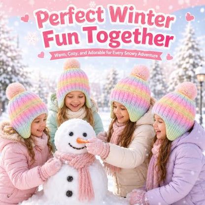 Girls Rainbow Earflap Beanie, Kids Pom Pom Knit Winter Ski Hat Ages 3-8 - color: Pompom - Rainbow
