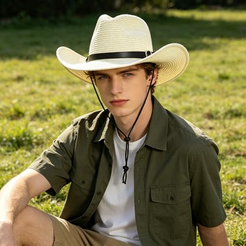 Men's Floppy Packable Straw Hat Beach Cap Newsboy Fedora Sun Hat, Big Brim, Adjustable Chin Strap - color: White