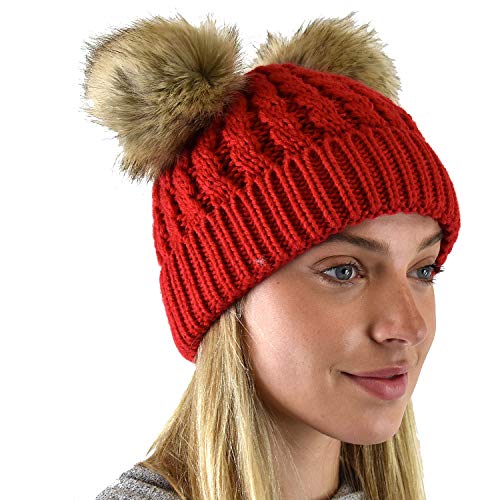 C.C 2 Ear Pom Pom Cable Knit Soft Stretch Cuff Skully Beanie Hat - color: Faux Fur Red