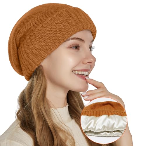 Facecozy Satin Lined Beanie for Women Soft Satin Lining Slouchy Winter Hats - color: Dark Orange