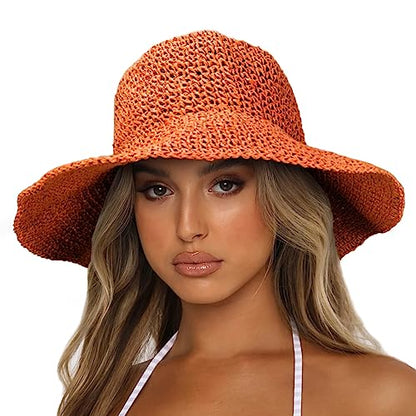 Womens Sun Hats Wide Brim Summer Beach Hat for Women Foldable Travel Straw Hat UPF50+ - color: A-orange