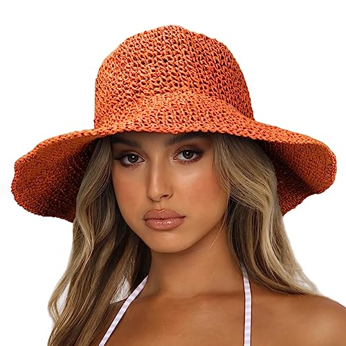 Womens Sun Hats Wide Brim Summer Beach Hat for Women Foldable Travel Straw Hat UPF50+ - color: A-orange