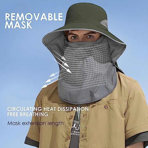 Outdoor Sun Hat Detachable Neck Face Flap UPF 50+UV Protection Visor Fishing Hats with Neck Flap for Men & Women - color: Green