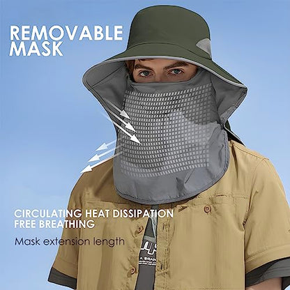 Outdoor Sun Hat Detachable Neck Face Flap UPF 50+UV Protection Visor Fishing Hats with Neck Flap for Men & Women - color: Green