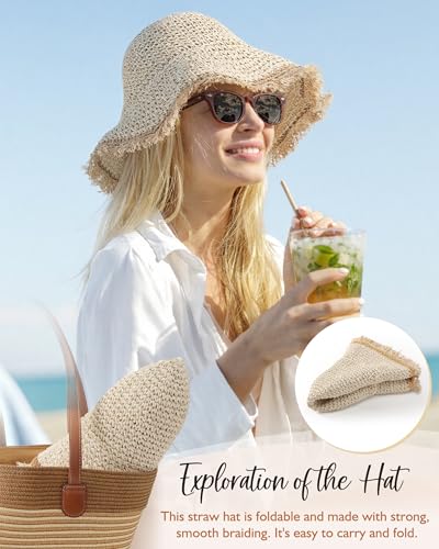 Beach Hats for Women, Straw Bucket Hats Packable Wide Brim - color: Beige