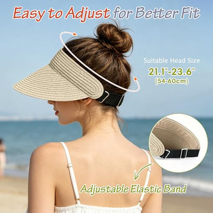 3 Pack Women Straw Sun Visor Hats, Wide Brim UV UPF 50+ Protection Beach Visor, Packable Adjustable Summer Hats for Traveling - color: Beige+beige+beige