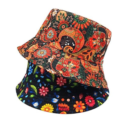 Printed Bucket Hat - Reversible Packable Summer Travel Beach Sun Cap for Men Women Teens - color: Boho Folk Floral