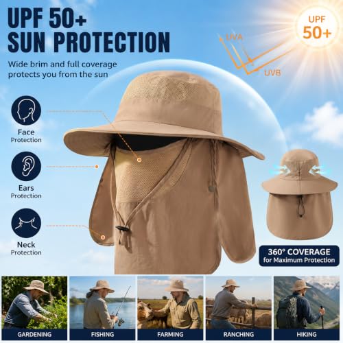 Men's Sun Hat Fishing Hat Boonie Hat UPF 50+ Wide Brim Outdoor Work Hat with Breathable Mesh and Chin Strap for Outwork - color: Black+khaki