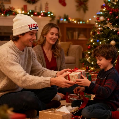 American Flag Beanie, USA Embroidered Winter Hat for Women Men - color: Usa-brown