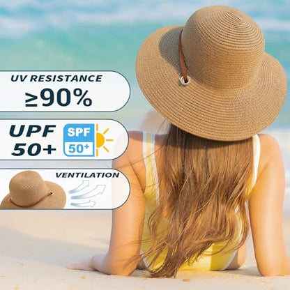 Beach Hat for Women, Wide Brim Sun Straw, UPF 50+ Foldable Floppy Sun Hat - color: B-10.5cm,khaki