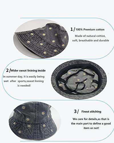 Premium Cotton Bucket Hats,Packable Hats for Men Women,Summer Bucket Hat,Fishing Sun Hats - color: Black+emboridery