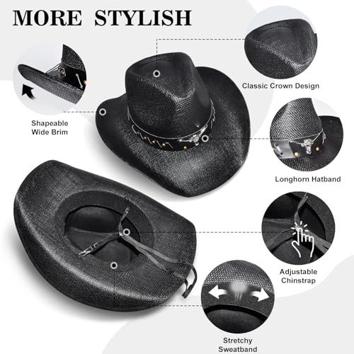 Black Straw Cowboy Hat Western with Bracelet Decorative Bands and Bandana, Hat Size Fits 22.04 to 22.83, Wide Brim, Stylish & Durable Cowboy Hat - Unisex Western Hat for All Occasions