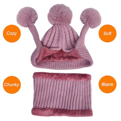 HUAMULAN Women Winter Knit Beanie Hat Circle Scarf Set Pompoms Ear Flaps - color: Mauve Pink