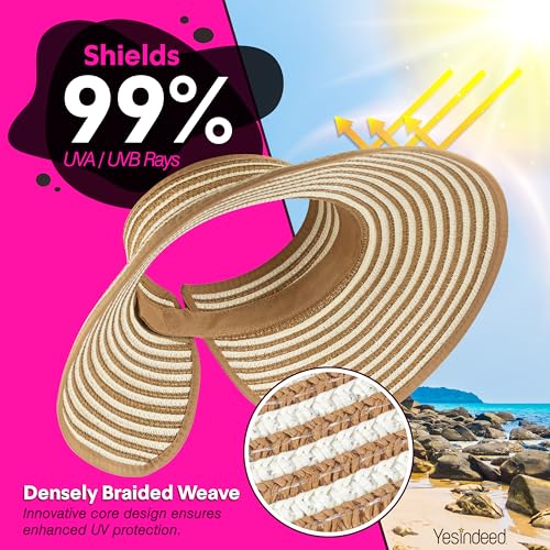Women’s Sun Visor - UPF 50+ Protection, Wide Brim, Adjustable, Ponytail-Friendly, Packable - Ideal for Travel & Beach - color: Straw Stripes