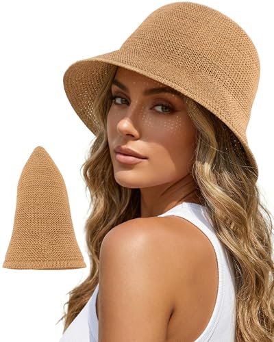 Babalet Summer Straw Beach Sun Hats for Women Packable Floppy Bucket Hat - color: Khaki