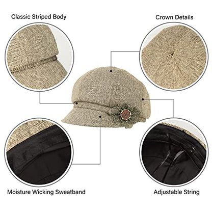 Women Retro Classic Visor Newsboy Cabbie Cap Beret Hats with Flower Buckle for Woman Ladies - color: 1khaki