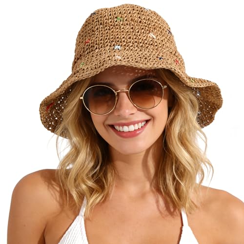 Womens Beach Straw Hats Floppy Wide Brim Crotchet Sun Hat Foldable Packable Summer Outdoor Vacation Travel - color: Khaki 3