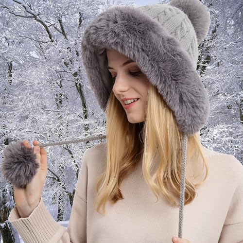 Womens Faux Fur Hat with Fluffy Pompom for Winter Fuzzy Knitted Beanies Skull Cap Warm Earflaps Cold Weather Cute - color: Grey