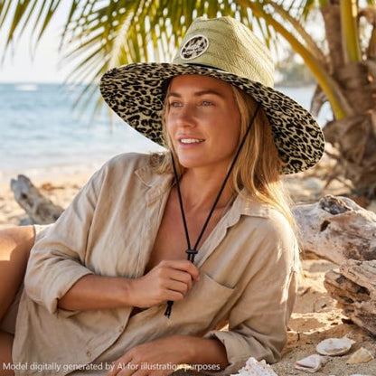 BASSDASH UPF 50+ Wide Brim Lifeguard Straw Hat for Beach Fishing Outdoor - color: Leopard