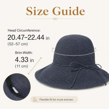 Beach Sun Hats for Women Foldable Straw Bucket Summer Hat Packable Travel - color: Charcoal Blue