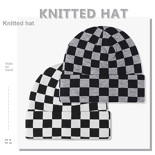 LumiSyne Knitted Beanie - Men Women Checkerboard Pattern Cuffed Slouchy Stretchy Warm Winter Hat Baggy Skull Cap - color: Grey