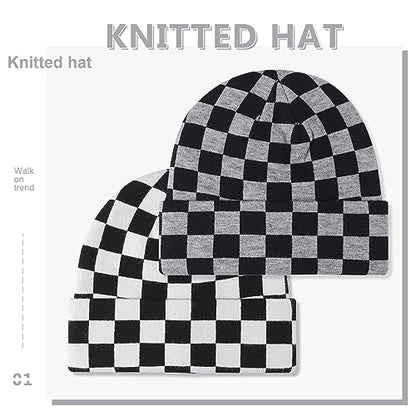LumiSyne Knitted Beanie - Men Women Checkerboard Pattern Cuffed Slouchy Stretchy Warm Winter Hat Baggy Skull Cap - color: Grey