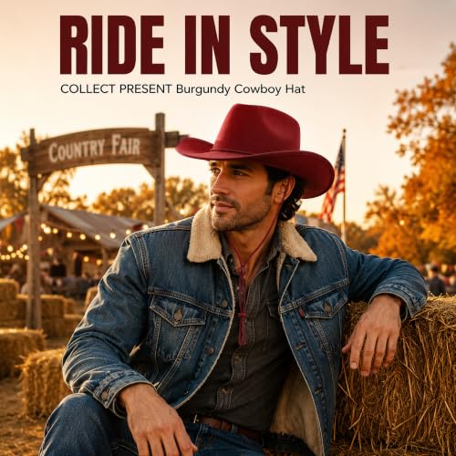 COLLECT PRESENT Plain Felt Cowboy & Cowgirl Hat for Men and Women | Western Studded Cowboy Hat in Adult Sizes - color: Red Wine